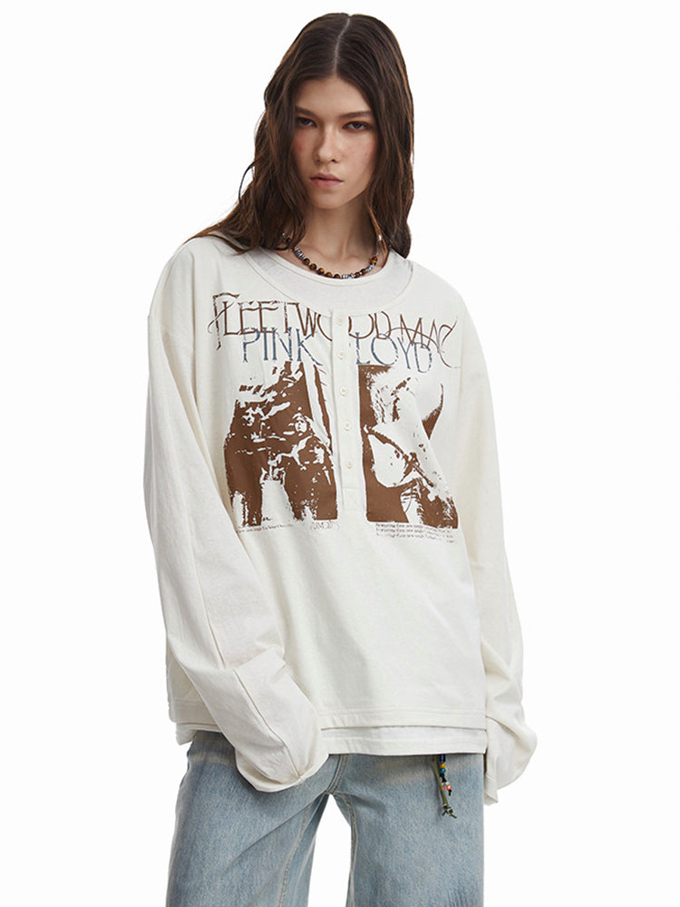 ヴィンテージパンクプリントボタン重ね着風ロングTシャツ