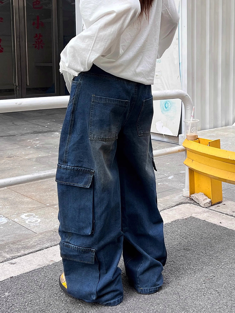 ストリート風マルチポケット弯刀型ルーズデニムパンツ