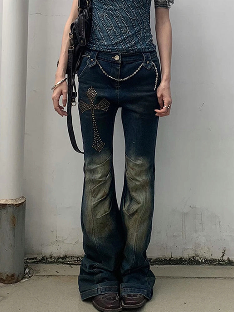 クロスデザインのギャルデニムパンツ