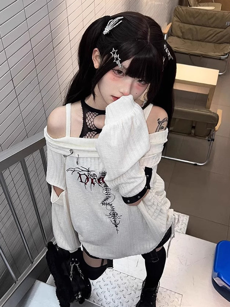 パンクスタイルのルーズなオフショルダーニットトップス