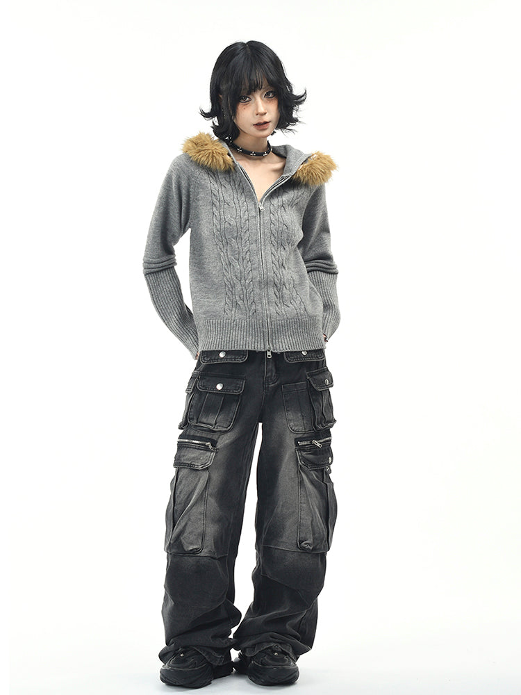 ヴィンテージフード付きニットジャケット(ファー取り外し可)