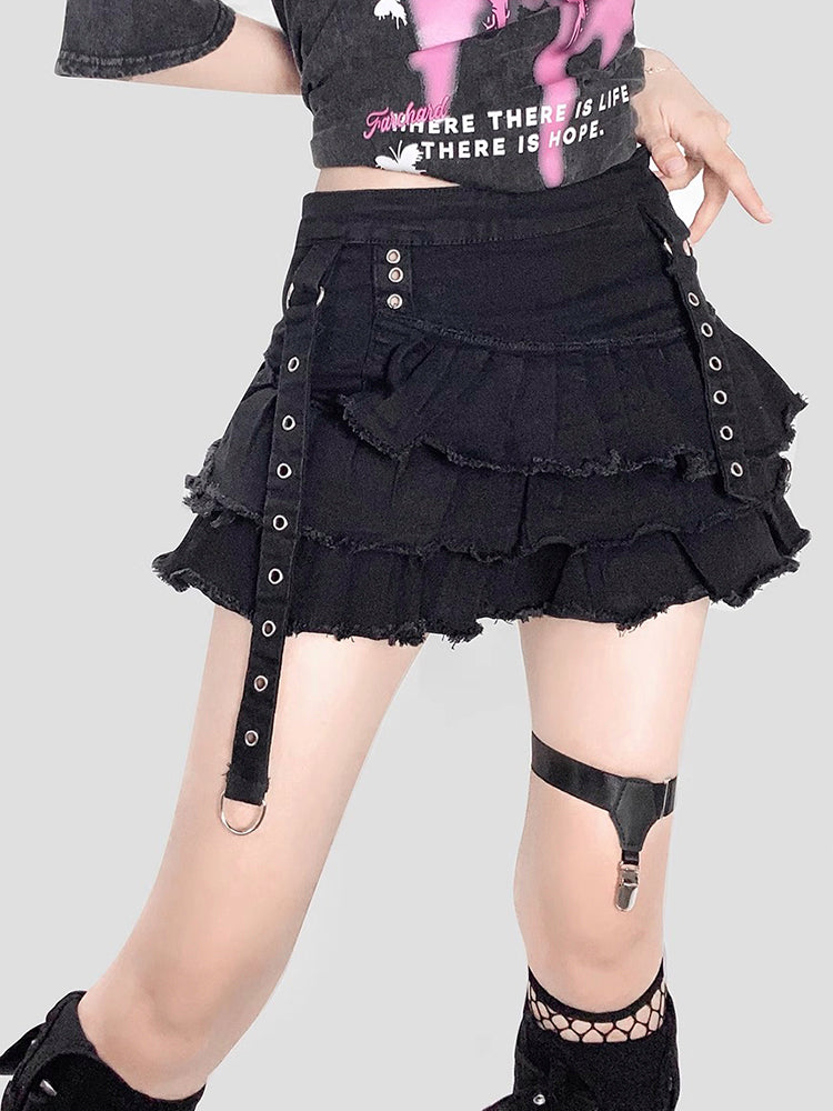 暗黒系ストリートリボン付きローライズデニムスカート
