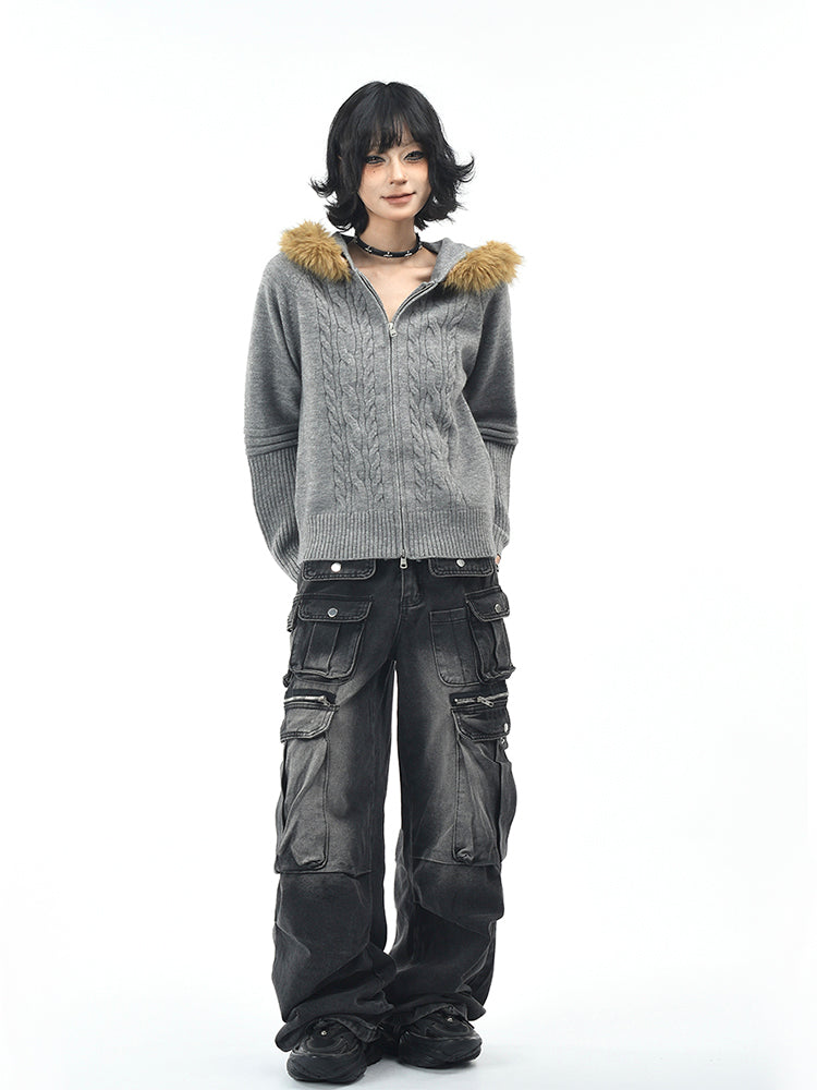 ヴィンテージフード付きニットジャケット(ファー取り外し可)