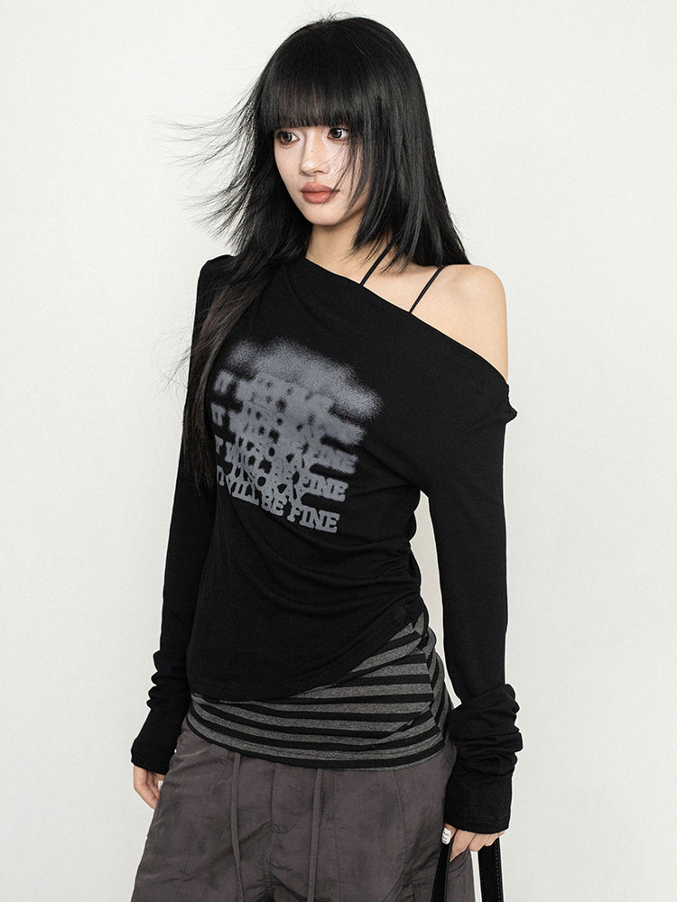 ギャルパッチワークオフショルダーロングTシャツ