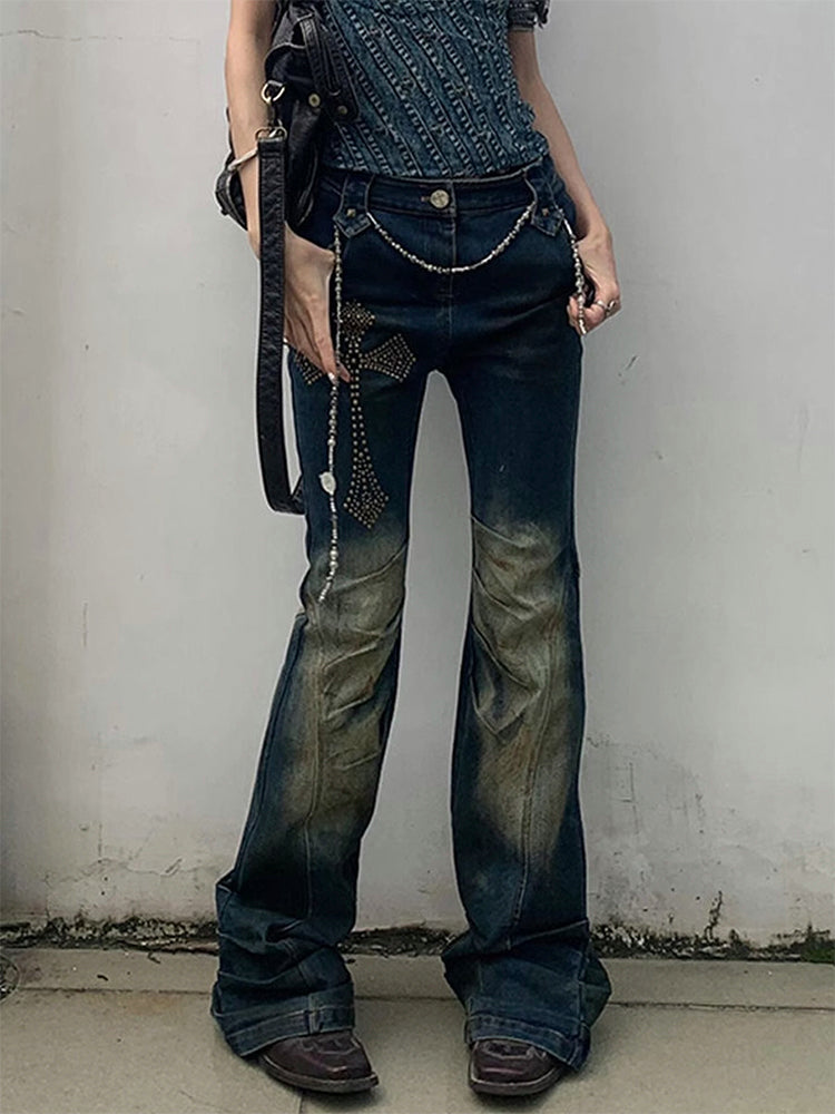 クロスデザインのギャルデニムパンツ