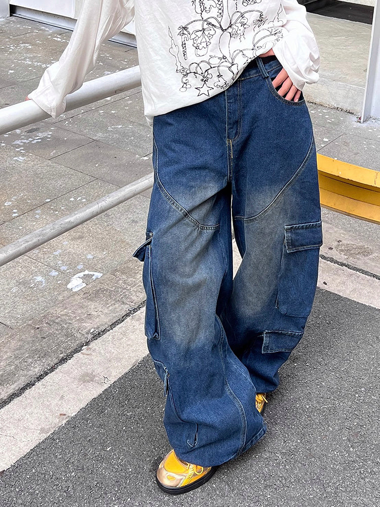 ストリート風マルチポケット弯刀型ルーズデニムパンツ