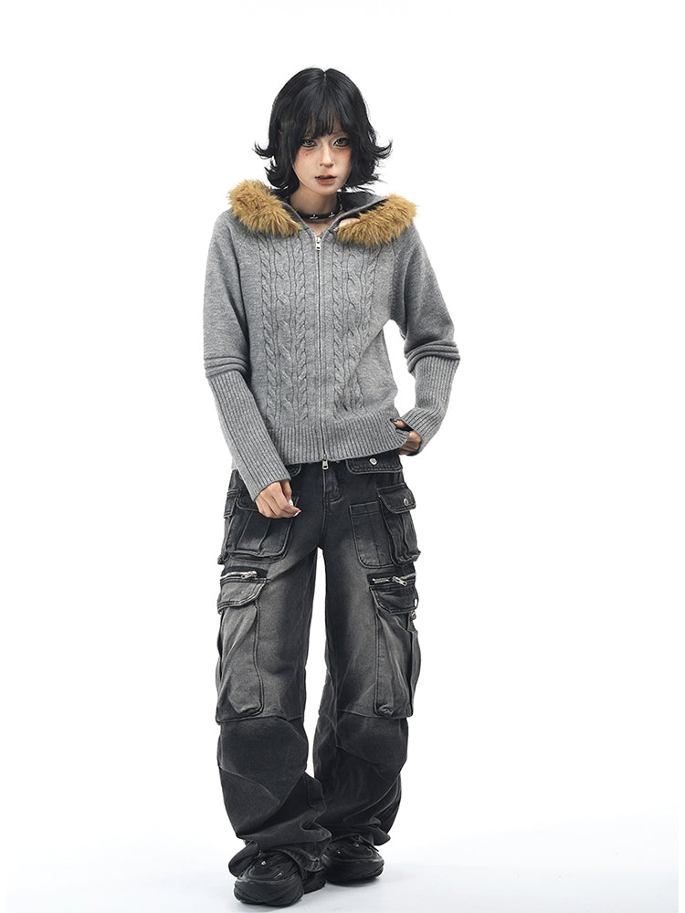 ヴィンテージフード付きニットジャケット(ファー取り外し可)