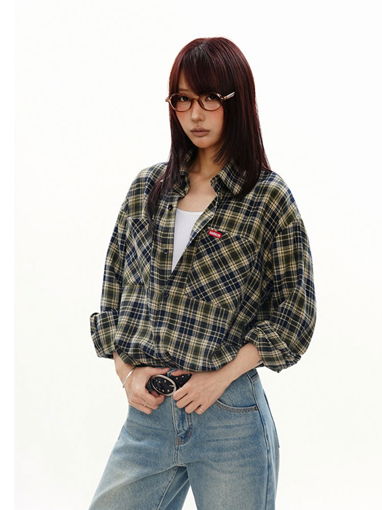 ヴィンテージ 配色 ブルー×グリーン チェックシャツ