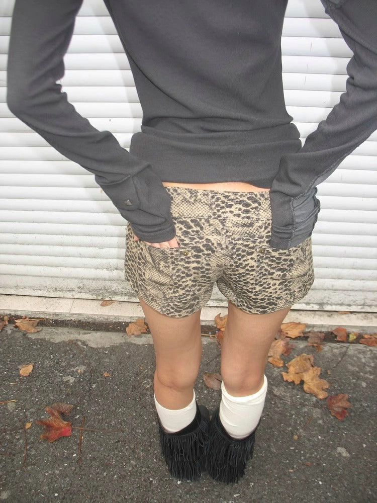 Y2Kレトロギャル クロスストラップローウエストヒョウ柄デニムショートパンツ