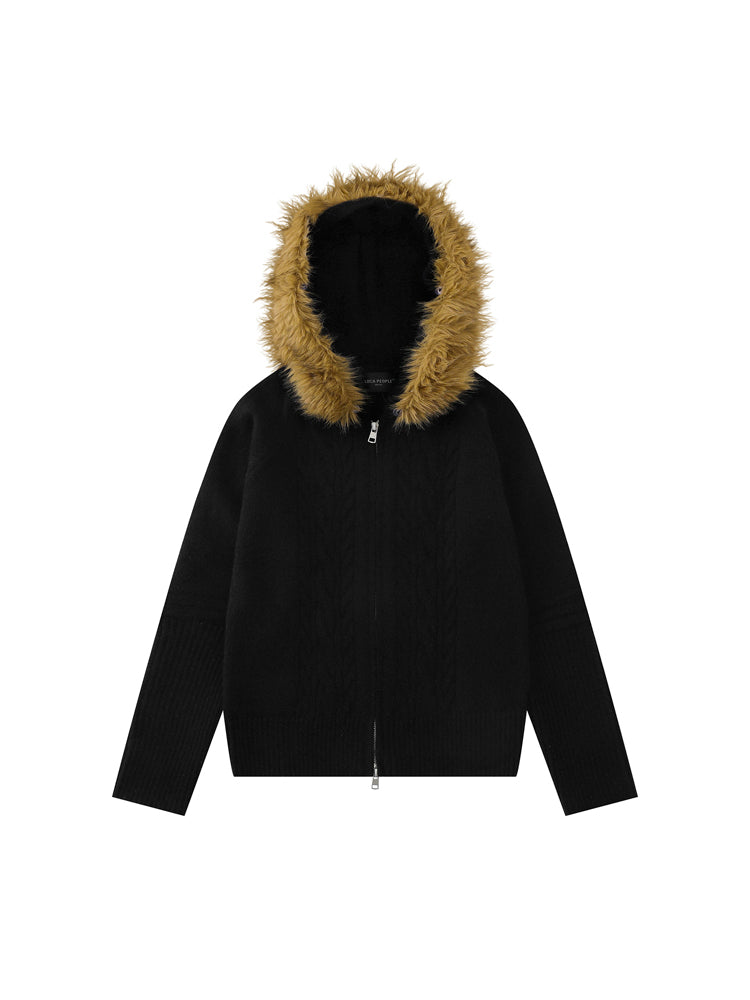 ヴィンテージフード付きニットジャケット(ファー取り外し可)