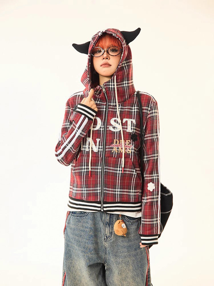 Red checked hooded sweatshirt jacket