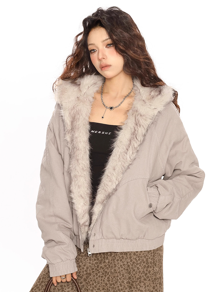 【即納】フード付きファーコート