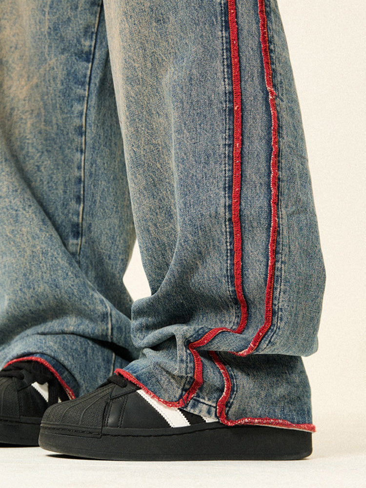 Vintage side red striped denim casual pants