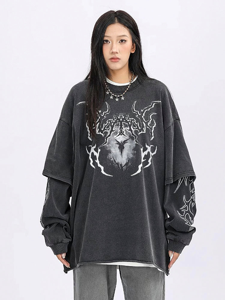 ヴィンテージ風ストリートダブルレイヤードロールアッププリントロングTシャツ