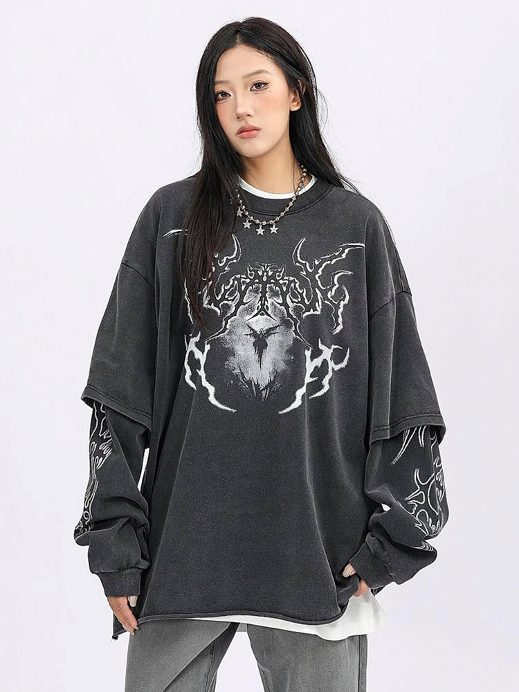 ヴィンテージ風ストリートダブルレイヤードロールアッププリントロングTシャツ