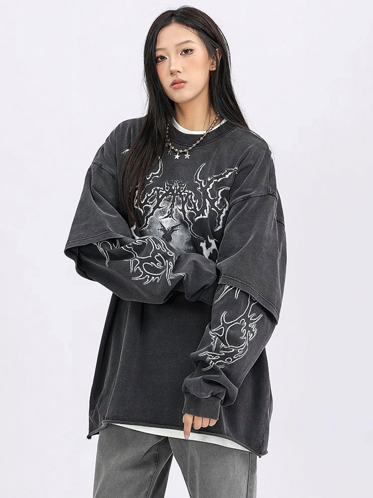 ヴィンテージ風ストリートダブルレイヤードロールアッププリントロングTシャツ