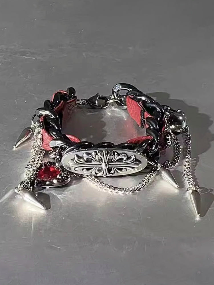 パンクY2Kサブカル系の十字架リベットハート革ブレス