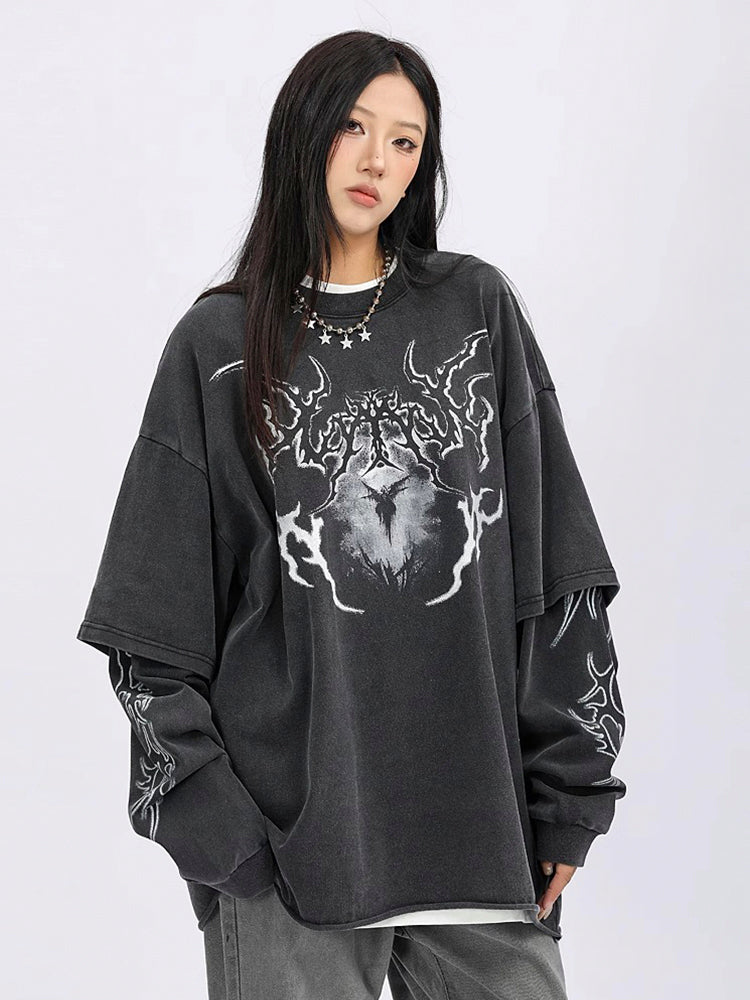 ヴィンテージ風ストリートダブルレイヤードロールアッププリントロングTシャツ