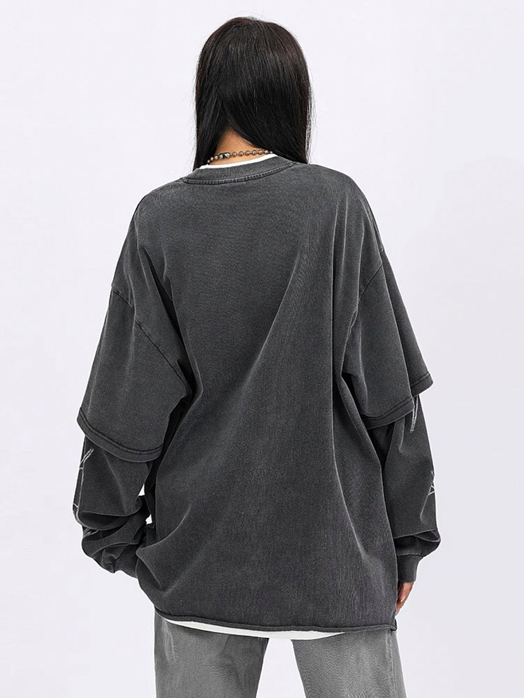 ヴィンテージ風ストリートダブルレイヤードロールアッププリントロングTシャツ