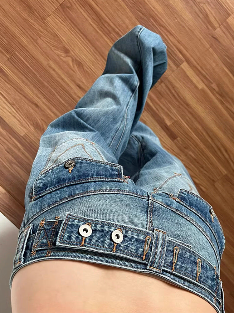 バックウエスト調節可能 ウォッシュドデニムパンツ