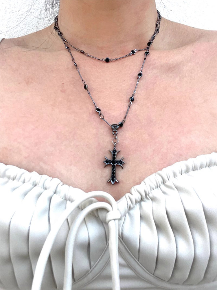 Subculture style double layer cross necklace