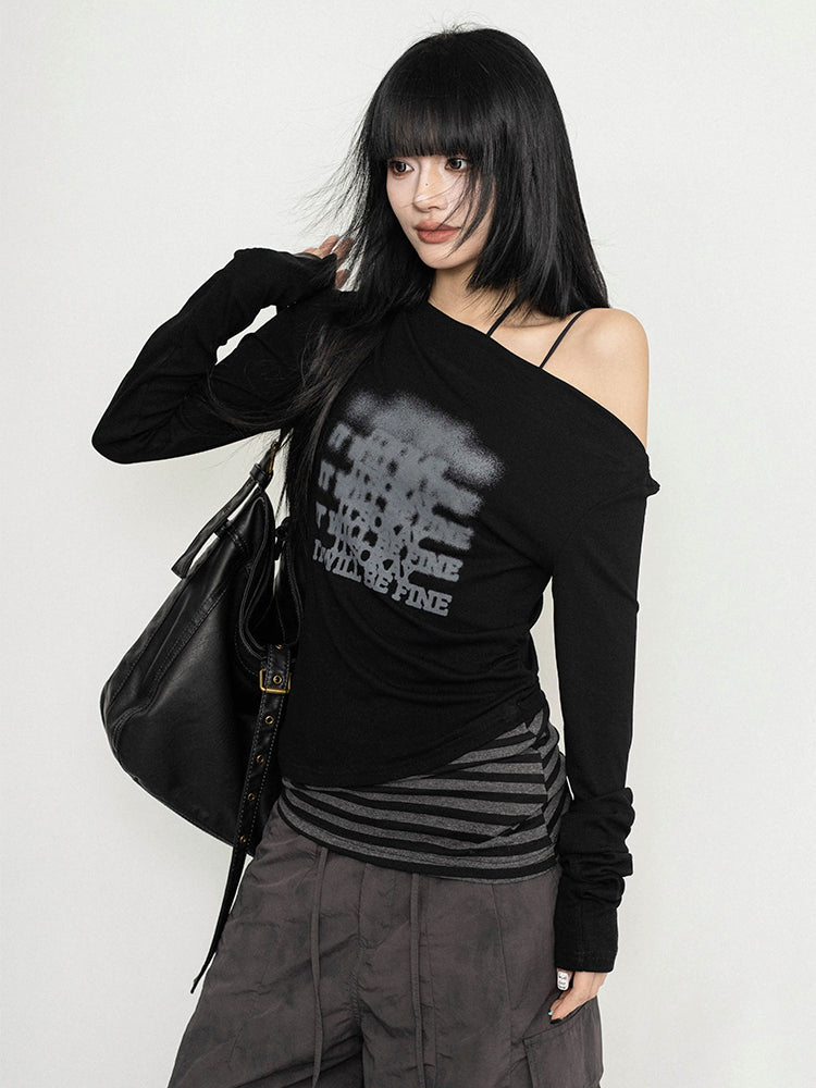 ギャルパッチワークオフショルダーロングTシャツ