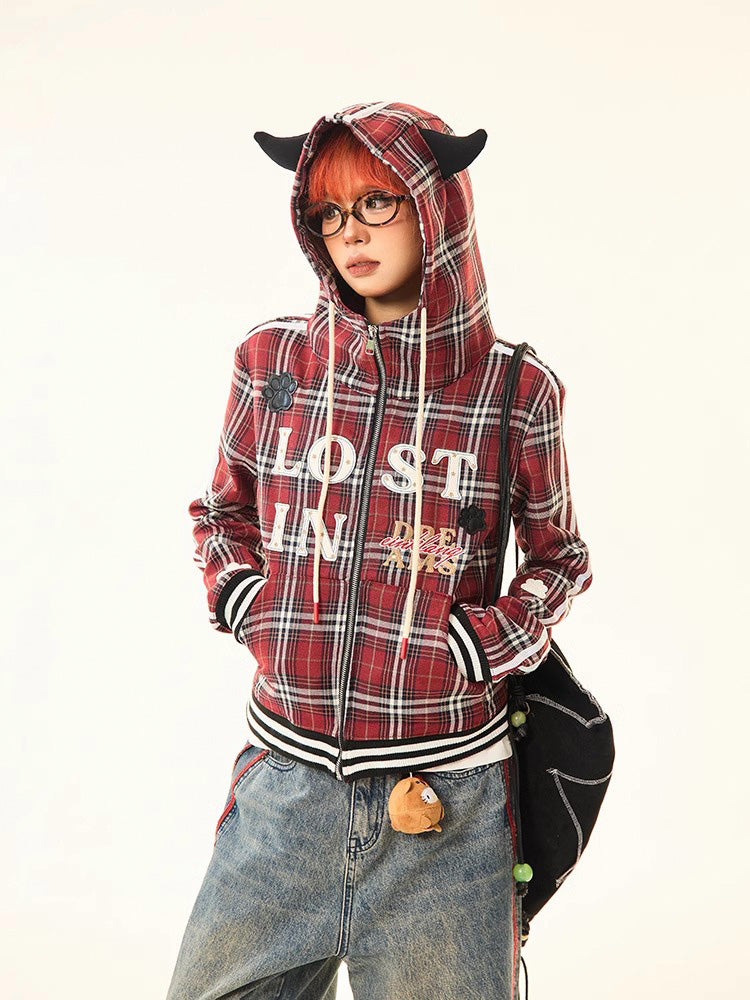 Red checked hooded sweatshirt jacket