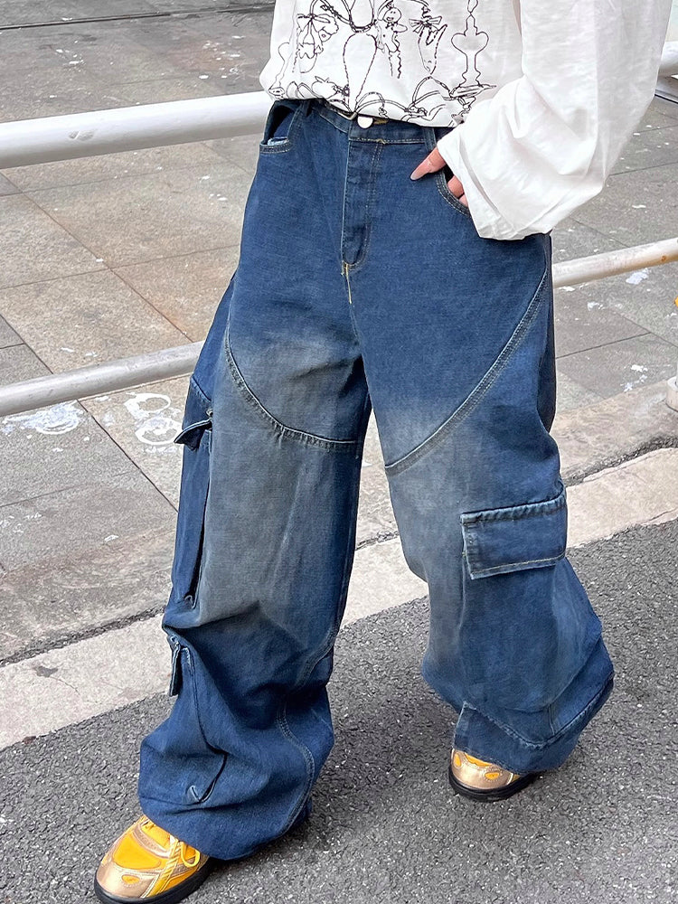 ストリート風マルチポケット弯刀型ルーズデニムパンツ