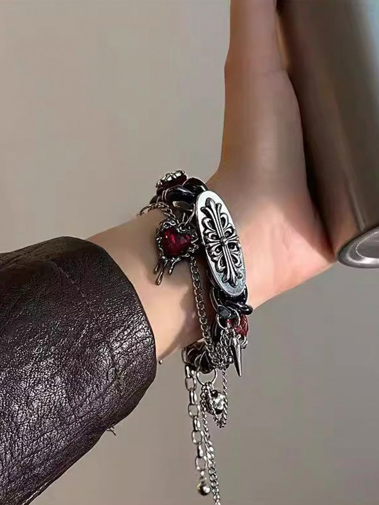パンクY2Kサブカル系の十字架リベットハート革ブレス