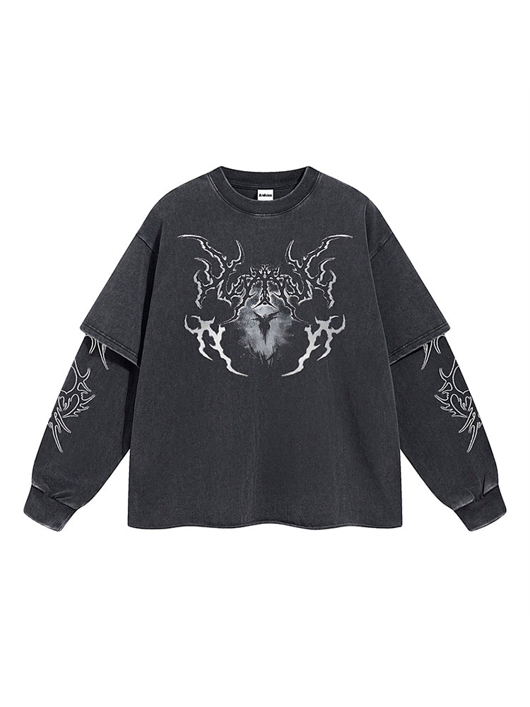 ヴィンテージ風ストリートダブルレイヤードロールアッププリントロングTシャツ