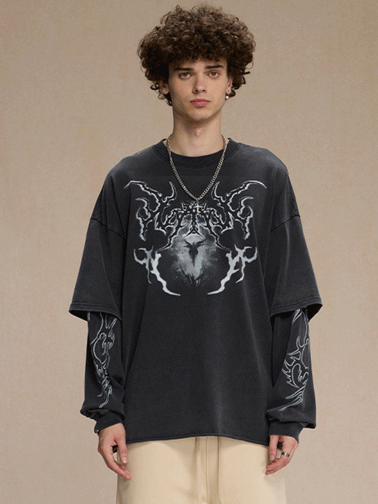 ヴィンテージ風ストリートダブルレイヤードロールアッププリントロングTシャツ
