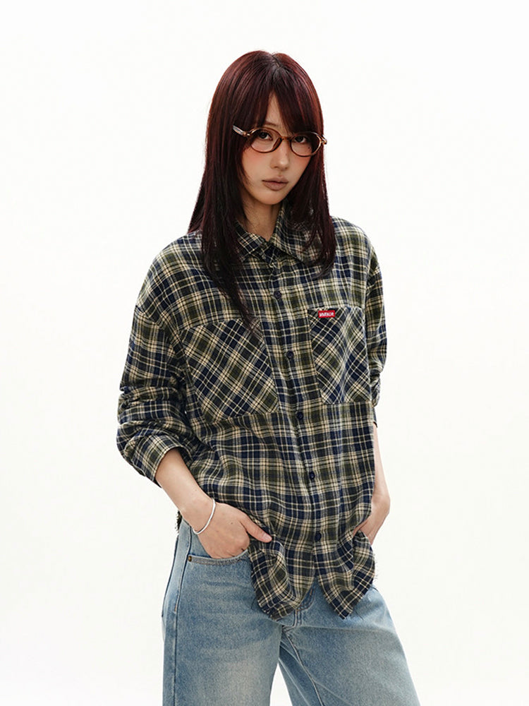 ヴィンテージ 配色 ブルー×グリーン チェックシャツ