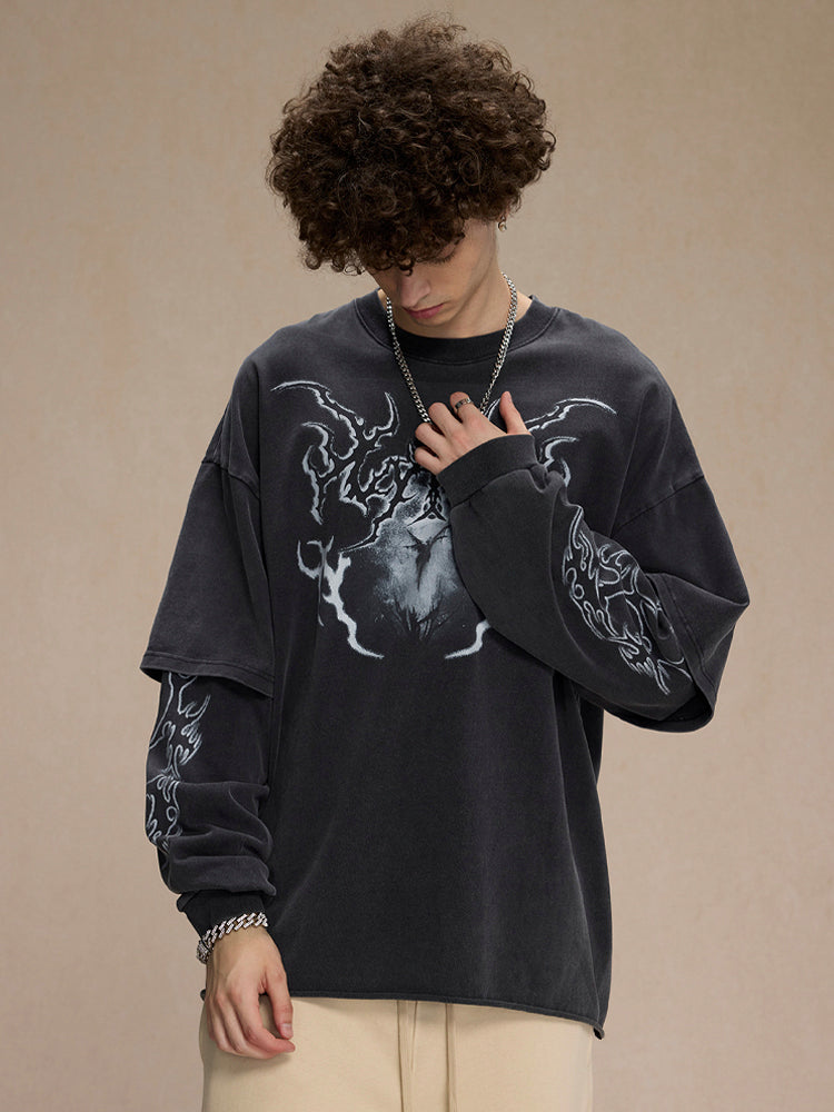 ヴィンテージ風ストリートダブルレイヤードロールアッププリントロングTシャツ