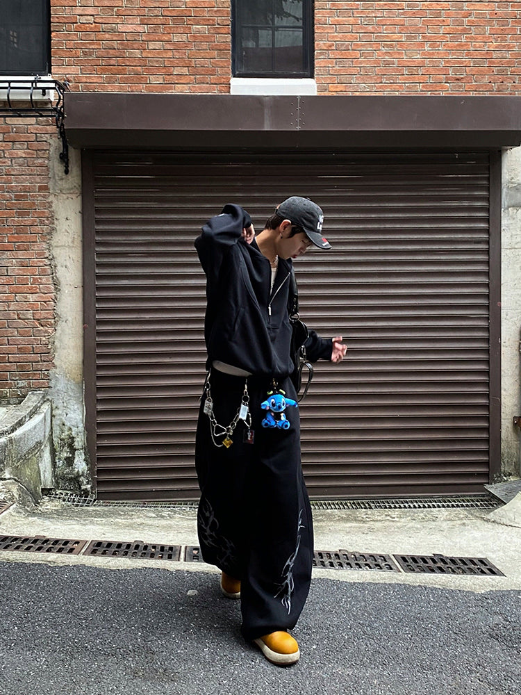 プリント カジュアル ジップアップフーディー セットアップ