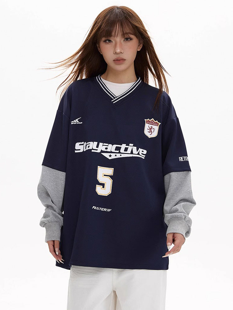 Retro style fake layered loose long sleeve top