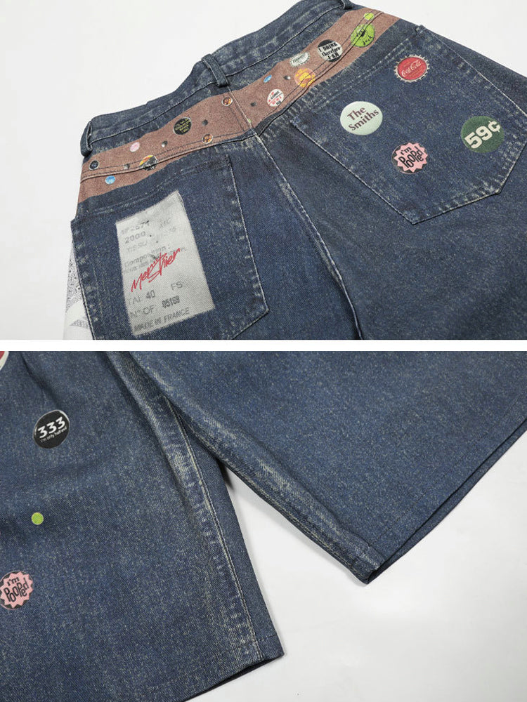 ヴィンテージ風ワッペンプリントデニムクロップドパンツ
