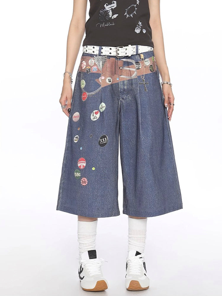 ヴィンテージ風ワッペンプリントデニムクロップドパンツ