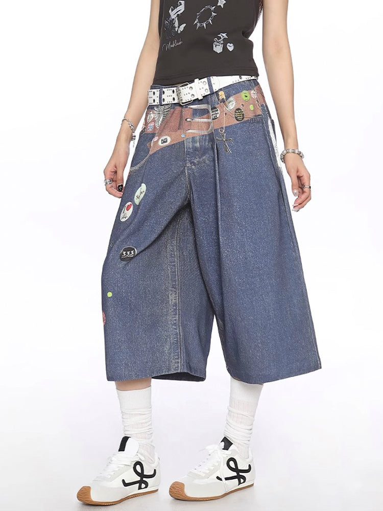 ヴィンテージ風ワッペンプリントデニムクロップドパンツ