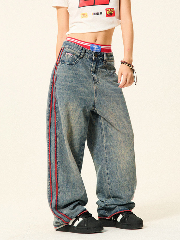 Vintage side red striped denim casual pants