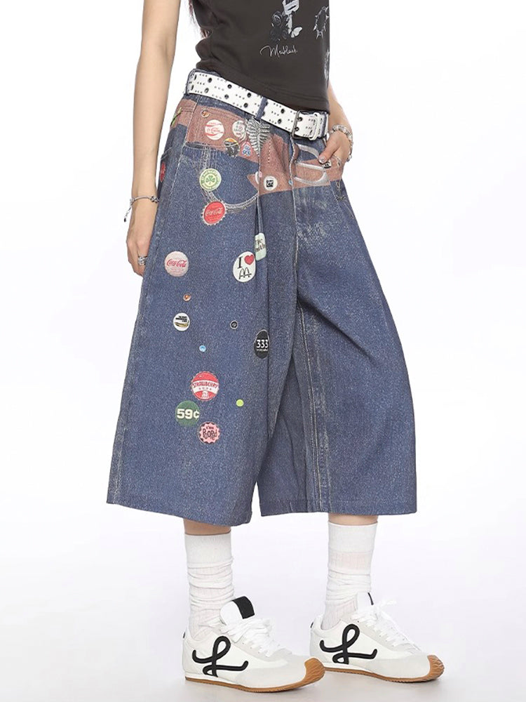 ヴィンテージ風ワッペンプリントデニムクロップドパンツ