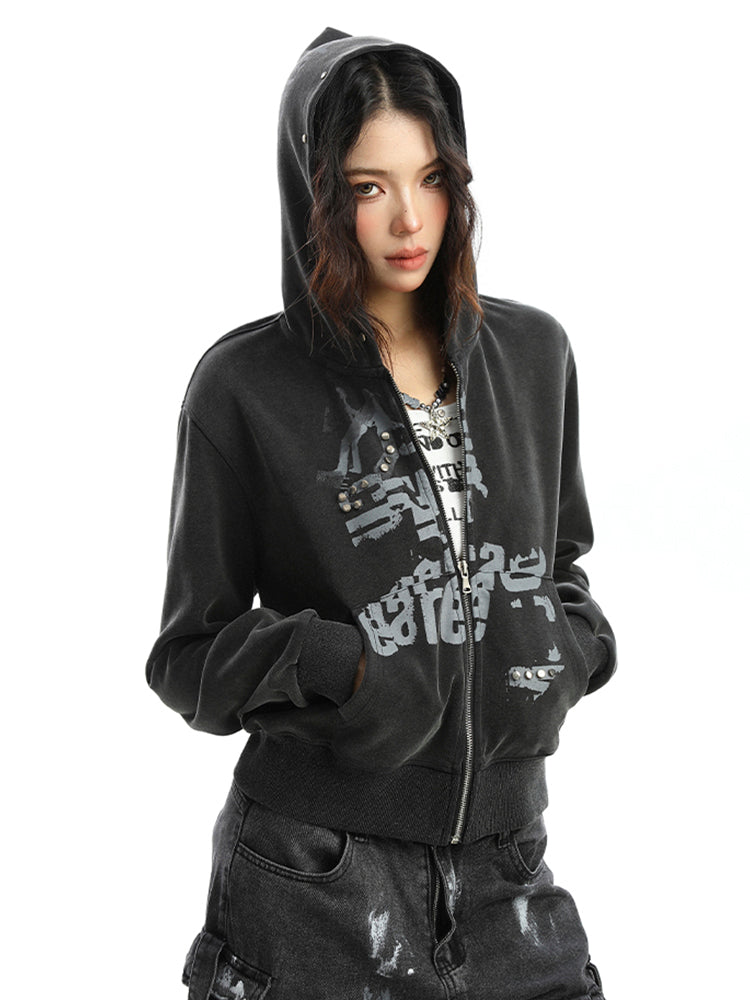 スタッズ&グラフィティショート丈フード付きスウェット