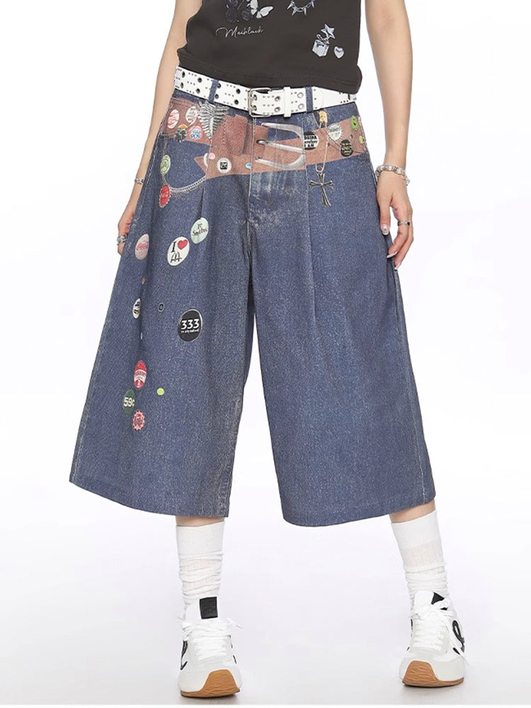 ヴィンテージ風ワッペンプリントデニムクロップドパンツ