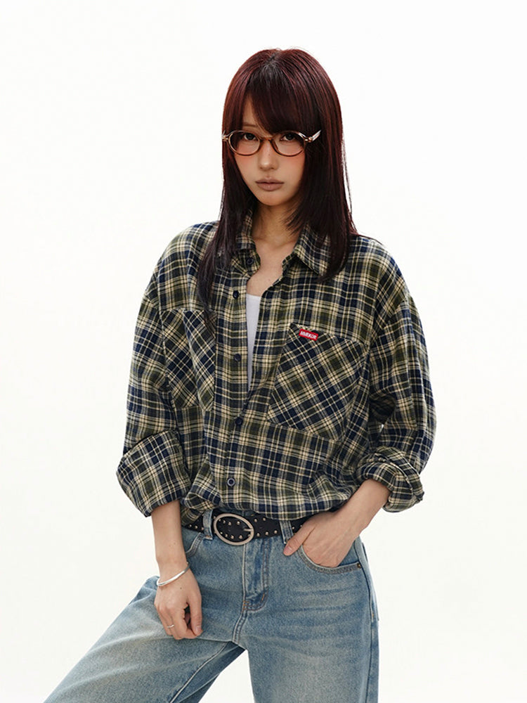 ヴィンテージ 配色 ブルー×グリーン チェックシャツ