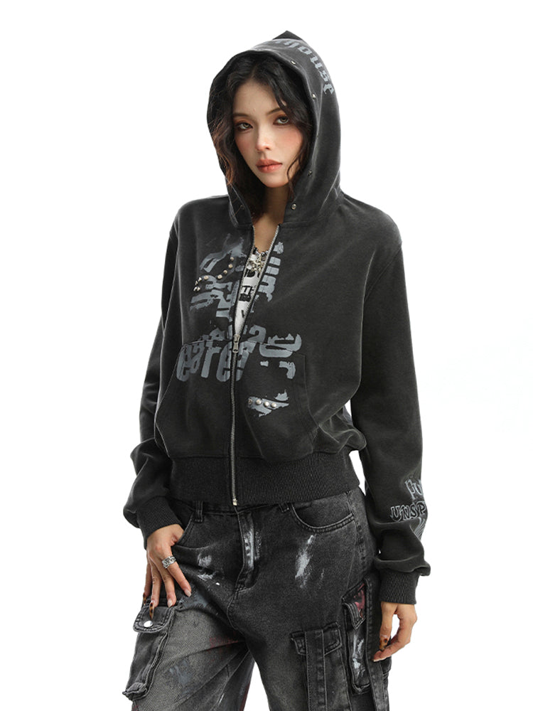 スタッズ&グラフィティショート丈フード付きスウェット