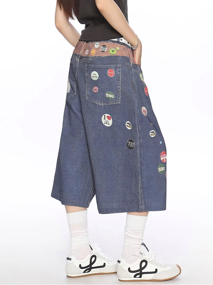 ヴィンテージ風ワッペンプリントデニムクロップドパンツ