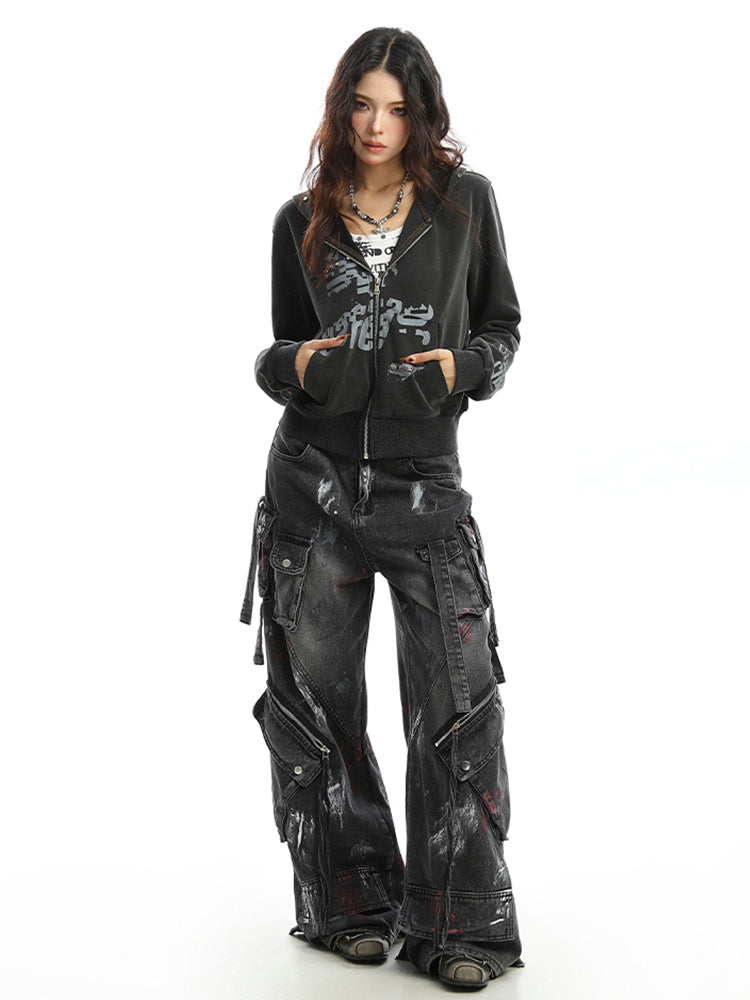 スタッズ&グラフィティショート丈フード付きスウェット