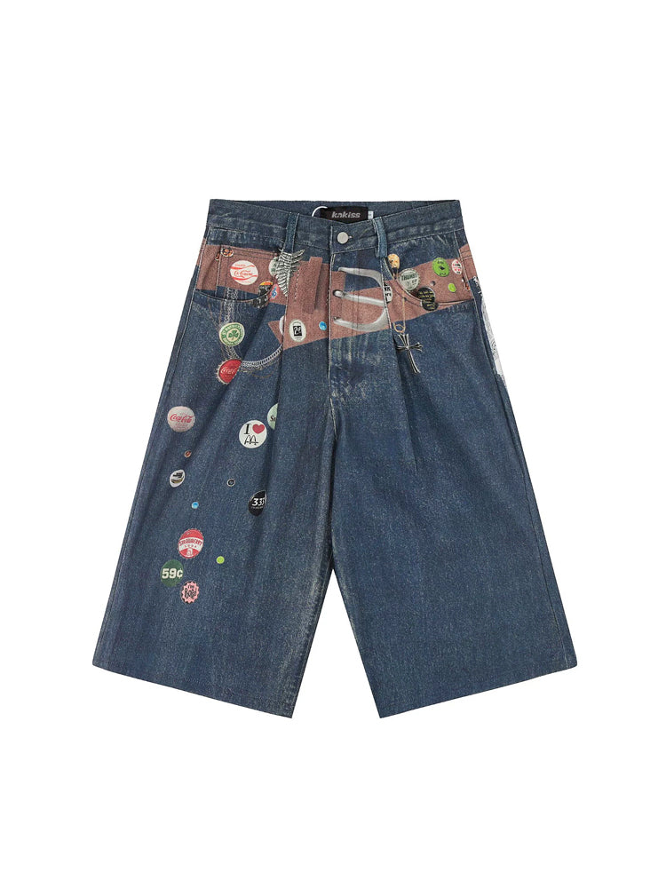 ヴィンテージ風ワッペンプリントデニムクロップドパンツ