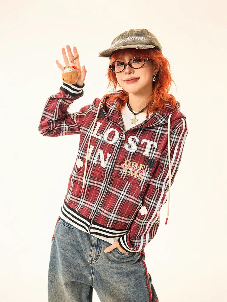 Red checked hooded sweatshirt jacket