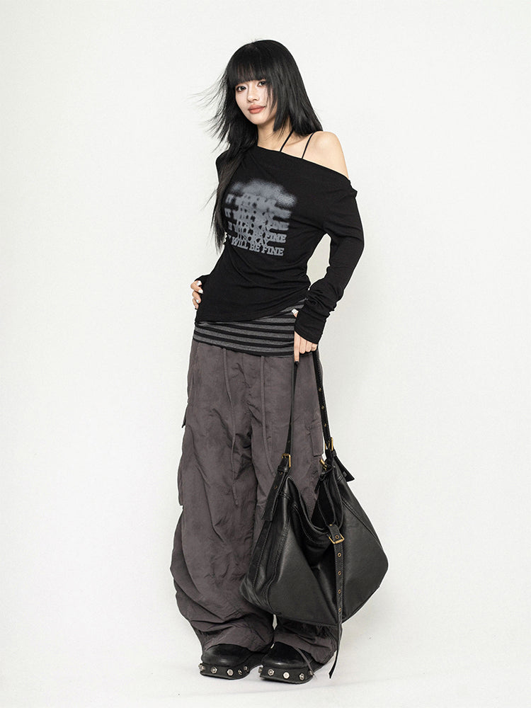 ギャルパッチワークオフショルダーロングTシャツ