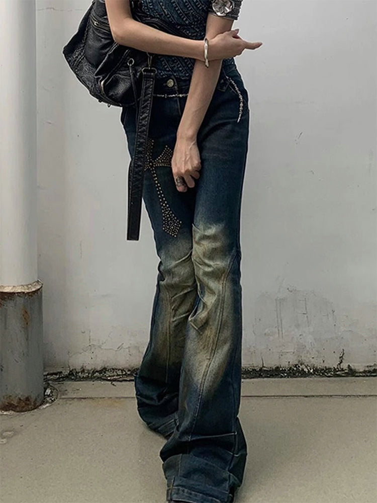 クロスデザインのギャルデニムパンツ